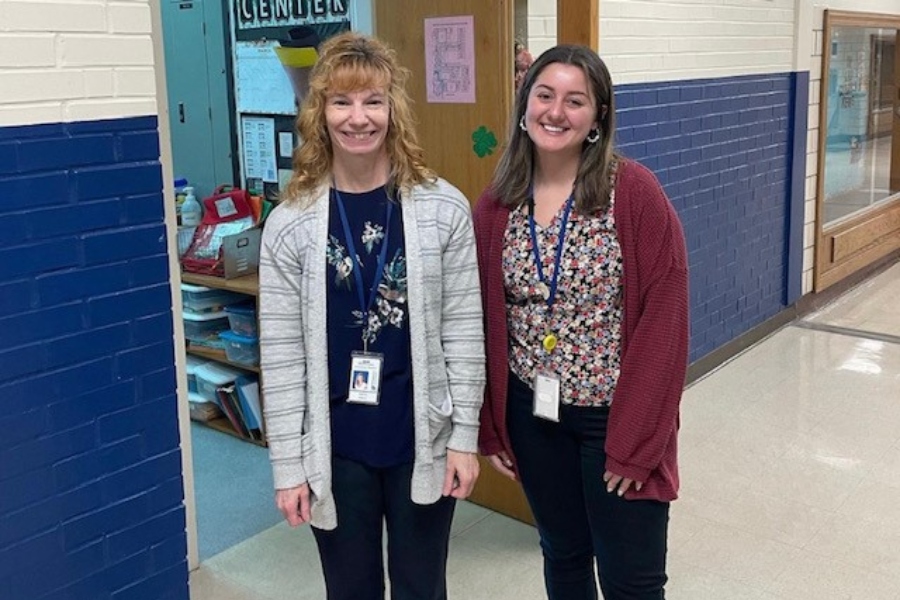 Ms. Terrizzi (right), shown here with Ms. Harris, is settling into her position as a long-term sub in the art room.