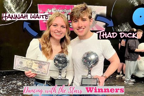 Thad and Hannah celebrate with their mirrorball trophies.