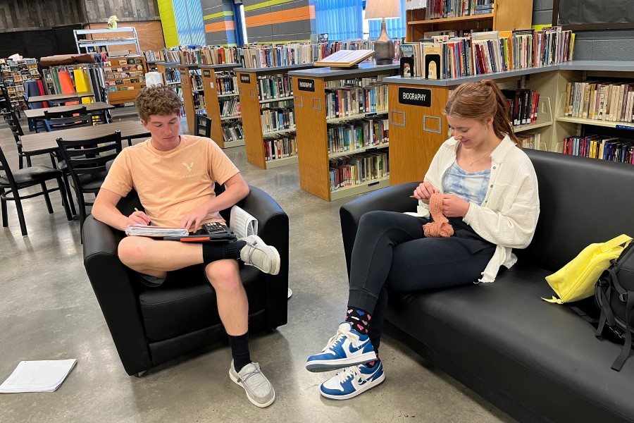 SENIORITIS OR JUST PASSING TIME - Lydia Worthing spends a study hall in the media center working on her knitting while classmate Noah Green studies. Many seniors find it hard to stay motivated when the end of the school year is close. (Kerry Naylor)