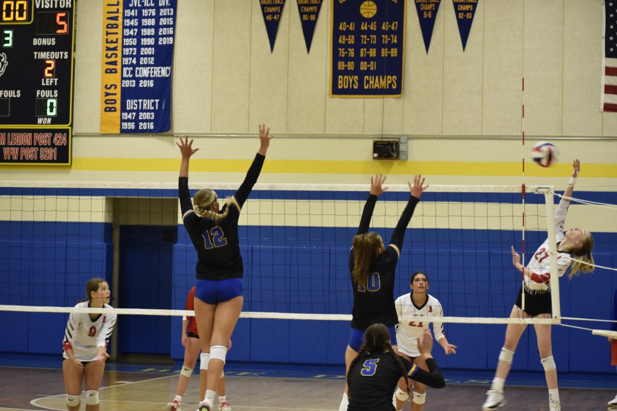 Addy Turek (12) and Chloe Brown (10) going up for the block.
