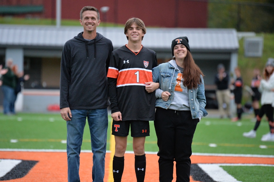 Conner Bardell was recognized at Senior Night for the Tyrone/Bellwood-Antis co-op soccer team. He shared the moment with his father Chaye and his mother Billie Jo.