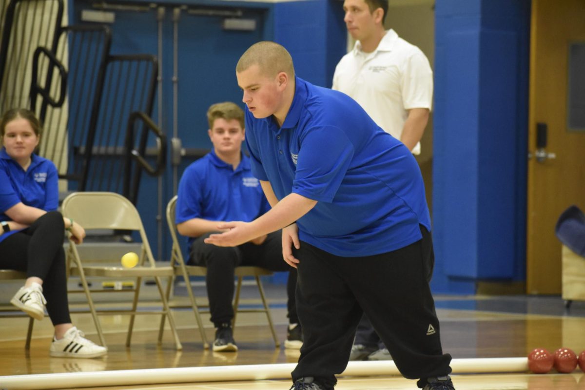 Noah+Larson+lines+up+his+shot+in+B-As+unified+bocce+match+against+Hollidaysburg.