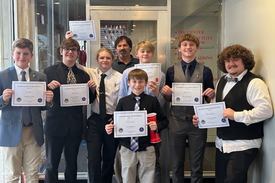 The B-A PJAS team earned 6 first-place awards at the regional contest at Saint Francis University. Pictures above are (r to l) Eric Johnson, Noah Cokrlic, Ian Clark, Hunter Shura, Jonathan Bickel, Chance Hawk, and Damien Barnett. In back is advisor Mr. Goodman.