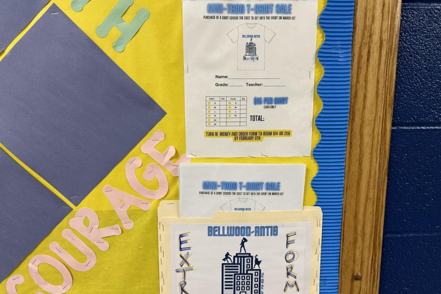 The mini-THON t-shirt order forms are hanging on the bulletin board outside of room 104.