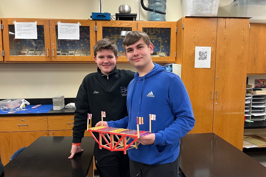 Eric Johnson and Noah Corklic won their project-based science bridge challenge with a structure that supported more than 132 pounds.