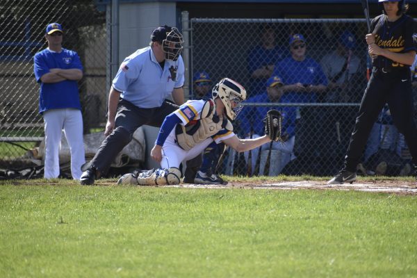 Camden Swogger frames a pitch against Central Cambria. The Blue Devils won the game to even their record at 5-5.