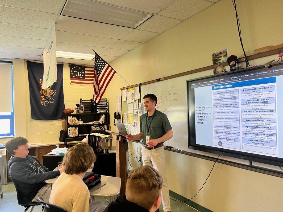 Mr. Rawa delivers a lesson to his seventh period civics class. He is one of many student teachers in PA who are finishing their student teaching experience just before the state begins paying student teachers a $10,000 stipend.