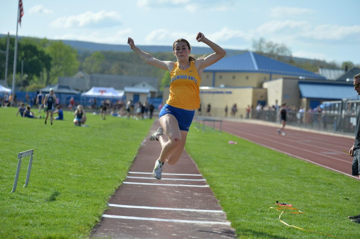 Briley+Campbell+leaps+into+the+pit+during+the+triple+jump+at+the+Bellwood-Antis+Invitational.+Campbell+was+one+of+many+athletes+who+had+to+wait+a+day+for+the+final+results+of+her+placement+in+the+200+due+to+a+timing+malfunction.