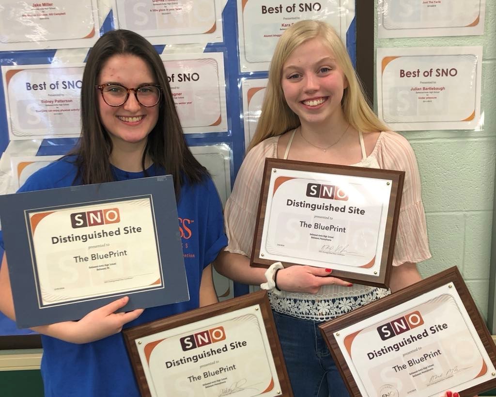Kaelynn (Behrens) Yoder (right) and Mya Decker were a part of several award-winning BluePrint publications, including four that earned SNO Distinguished Site awards.