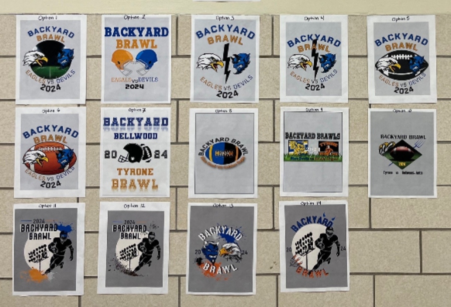 Designs for the Backyard Brawl t-shirt contest are on display now in the high school. Students can vote on their favorite via Google From.