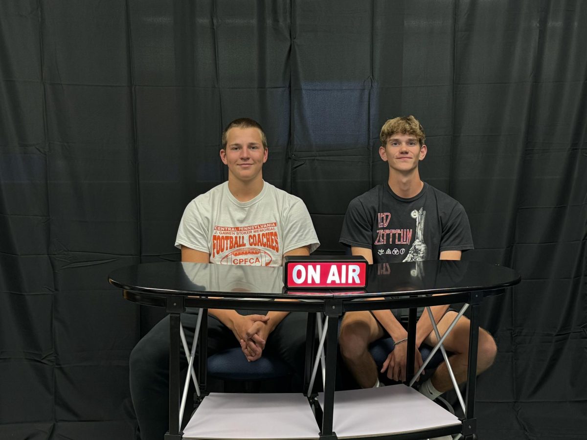 Cayden Pellegrine and Zach Gonzalez tackle the first morning announcement of the 24-25 school year.