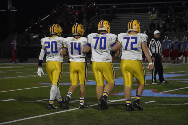 Senior captains walk onto the field to do the coin toss.  