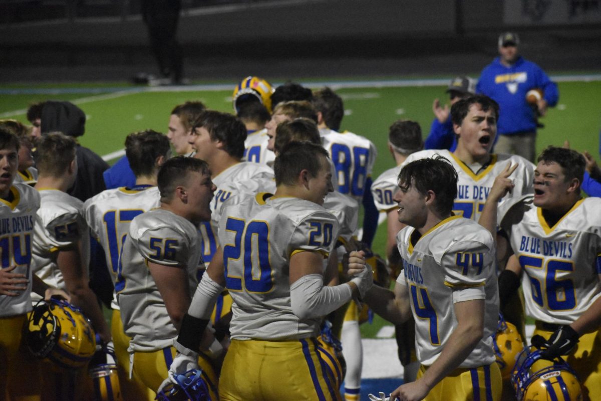 The Blue Devils celebrate a win sending them to the District 6 2A semifinals.