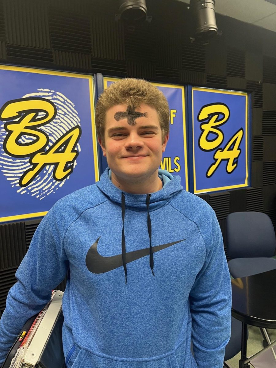 Junior Cooper Lovrich got a heavy dose of Ashes from Father Michael at St. Josephs in Bellwood before returning to school on Ash Wednesday. He was one of several B-A students who received ashes before returning to class.