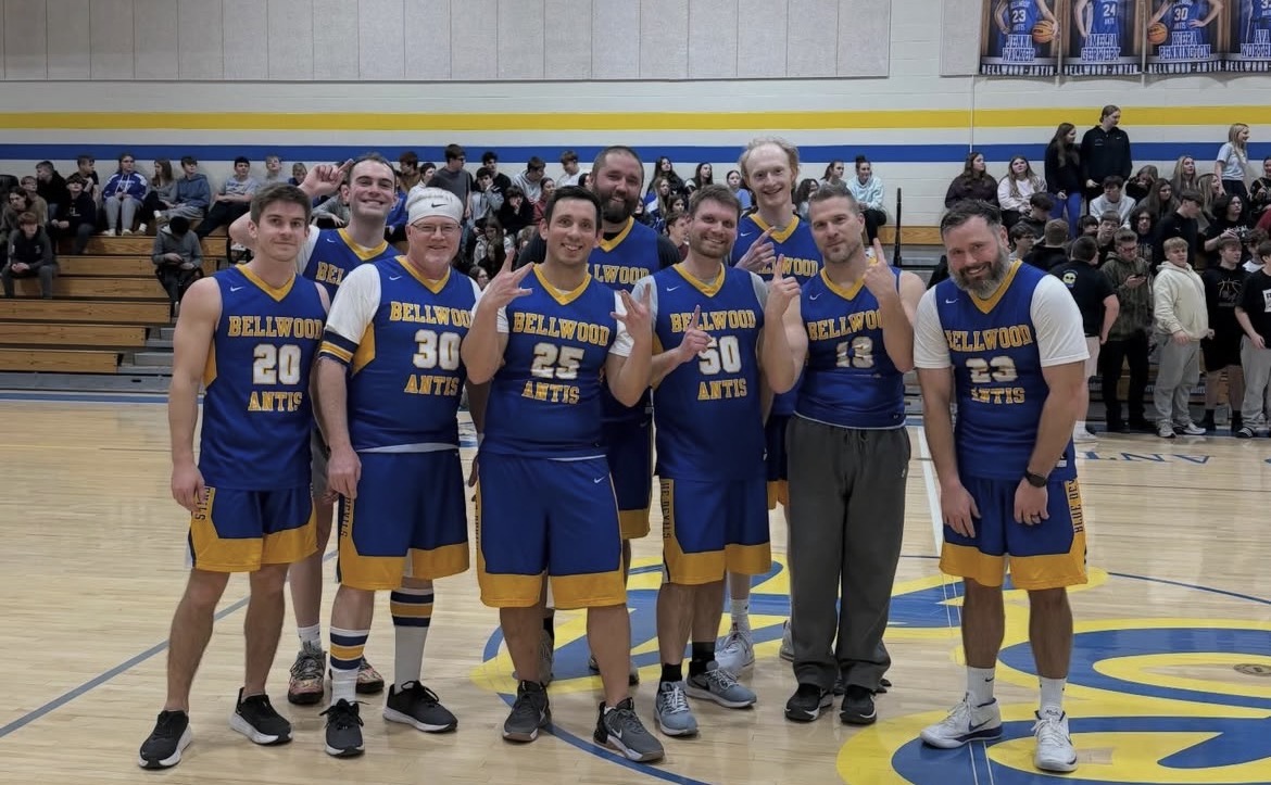 B-A teachers celebrate their basketball win over the students.