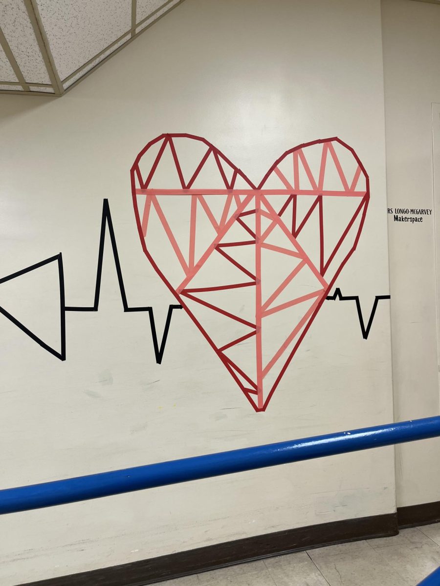 Mrs. McNaul and her students have decorated the halls of Bellwood-Antis with tape art. Near the nurse's office, a beating heart is the featured image, completed by Zach Plotts and Madison Simpson.