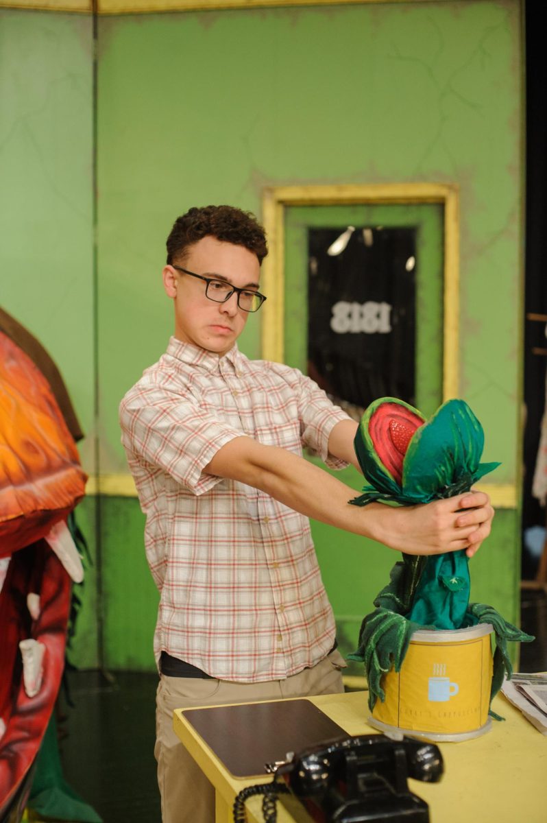 Collin Matthews, as Seymour, interacts with Audrey 2, being controlled by Lucas Fulmer.