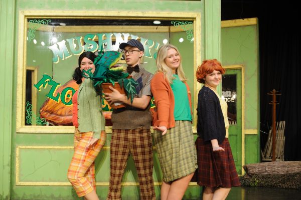 Jayden Soboleski, Alyssa Briggs, and Alia Bennett, shown here with Collin Matthews, were part of the ensemble from Little Shop of Horrors that won an award at the Isaacs.